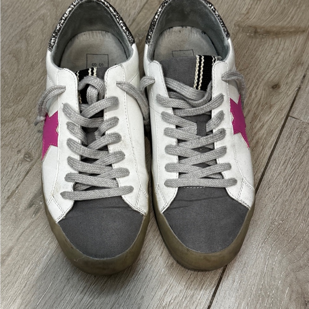 SHUSHOP Paris Pink Star Sneakers Glitter Heel Distressed Golden Goose Style - Picture 2 of 6